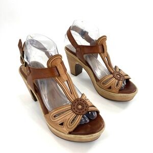 Pikolinos Leather Wood Platform Wedge T-Strap Sandals Women Size 37 Brown Tan